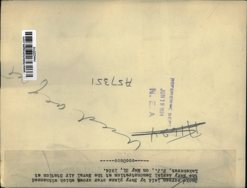 1924 Press Photo Smokescreen Dropped by Navy Plane in NJ