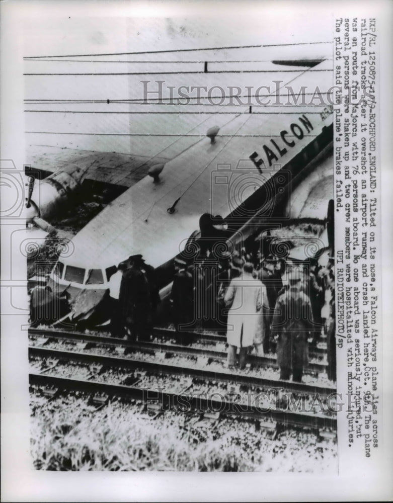 Load image into Gallery viewer, 1960 Press Photo Falcon Airways Plane Lands on Railroad Tracks No Injuries
