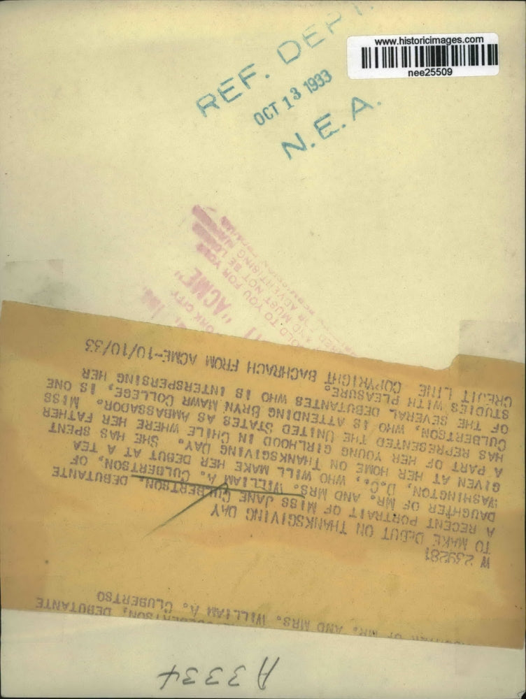 1933 Press Photo MIss Jane Culbertson of Washington DC to debut on Thanksgiving