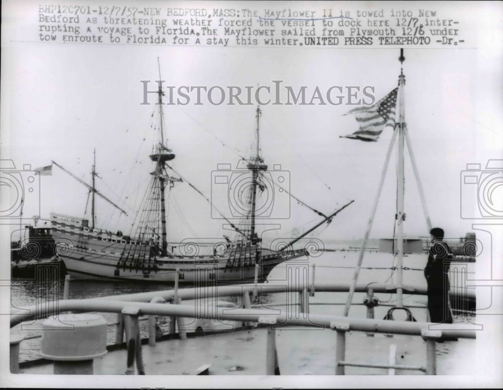 1957 Press Photo Mayflower II towed into New Bedford - nee26369