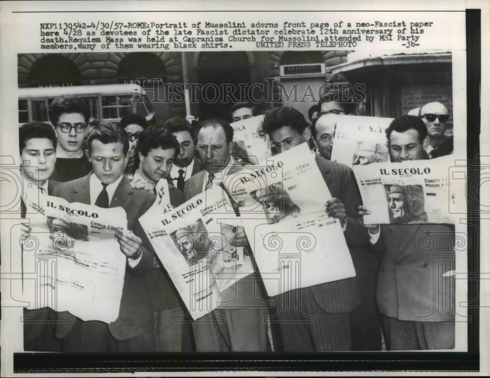 1957 Press Photo Portrait of Mussolini adorns front page of paper - nee26551