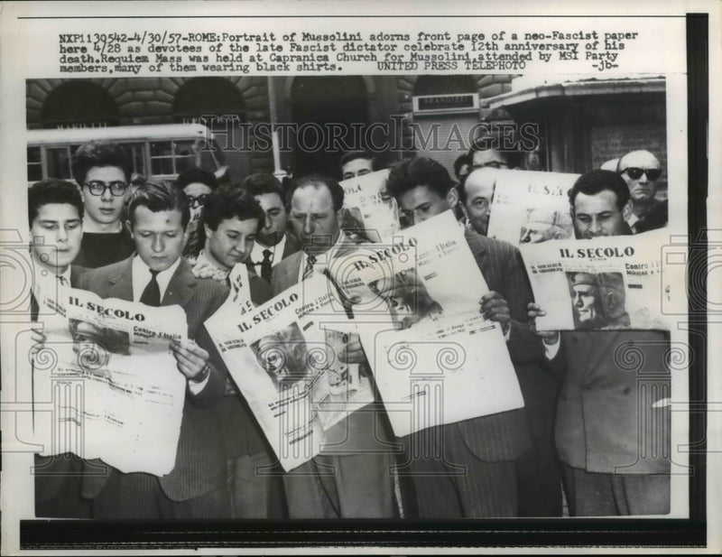 Load image into Gallery viewer, 1957 Press Photo Portrait of Mussolini adorns front page of paper - nee26551
