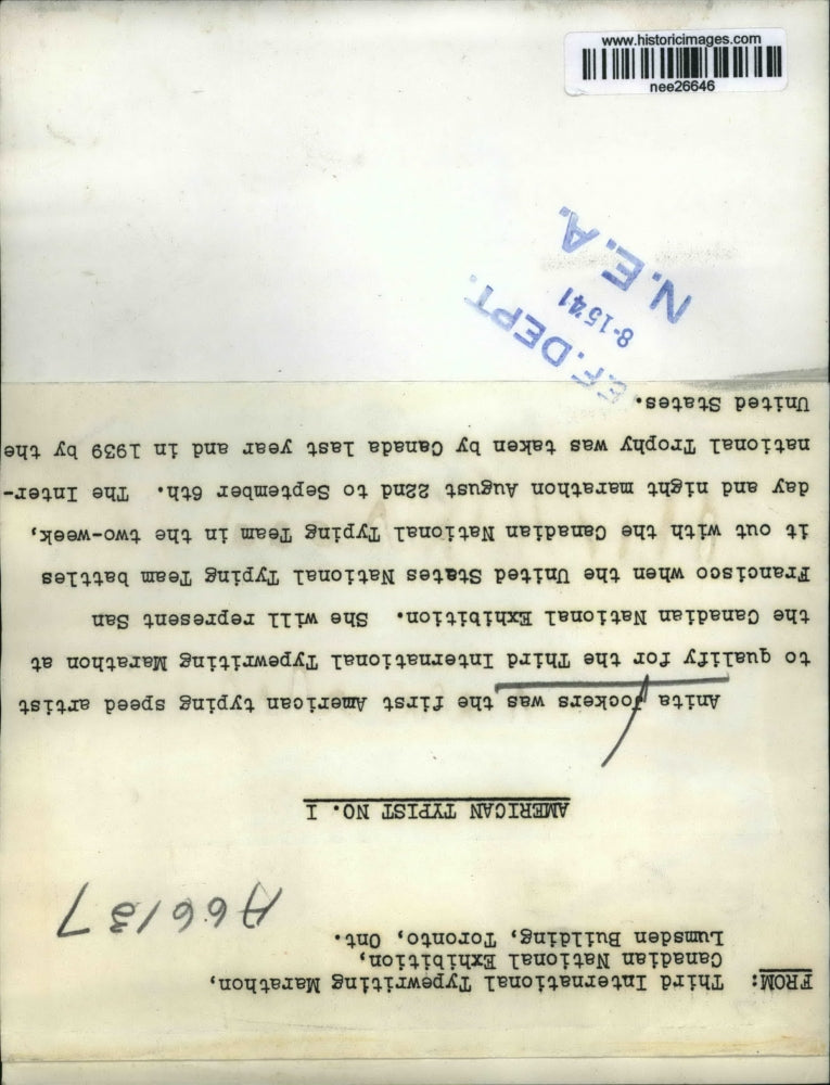 1941 Press Photo Anita Jockers International Typewriting Marathon Canada