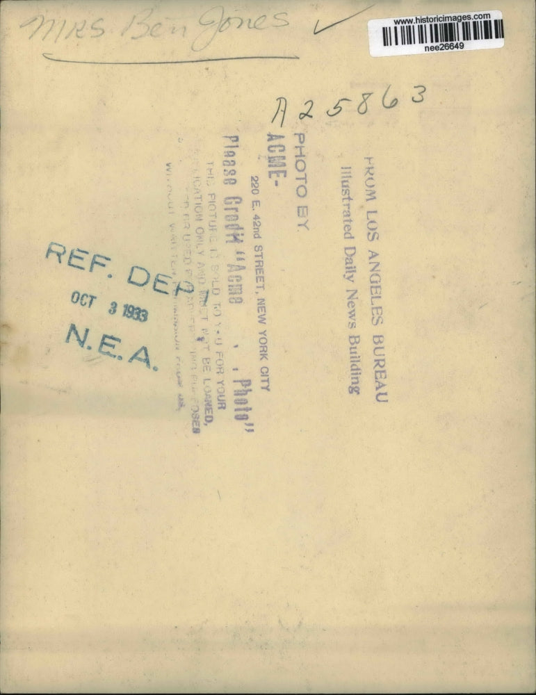 1933 Press Photo Mrs Ben Jones - nee26649