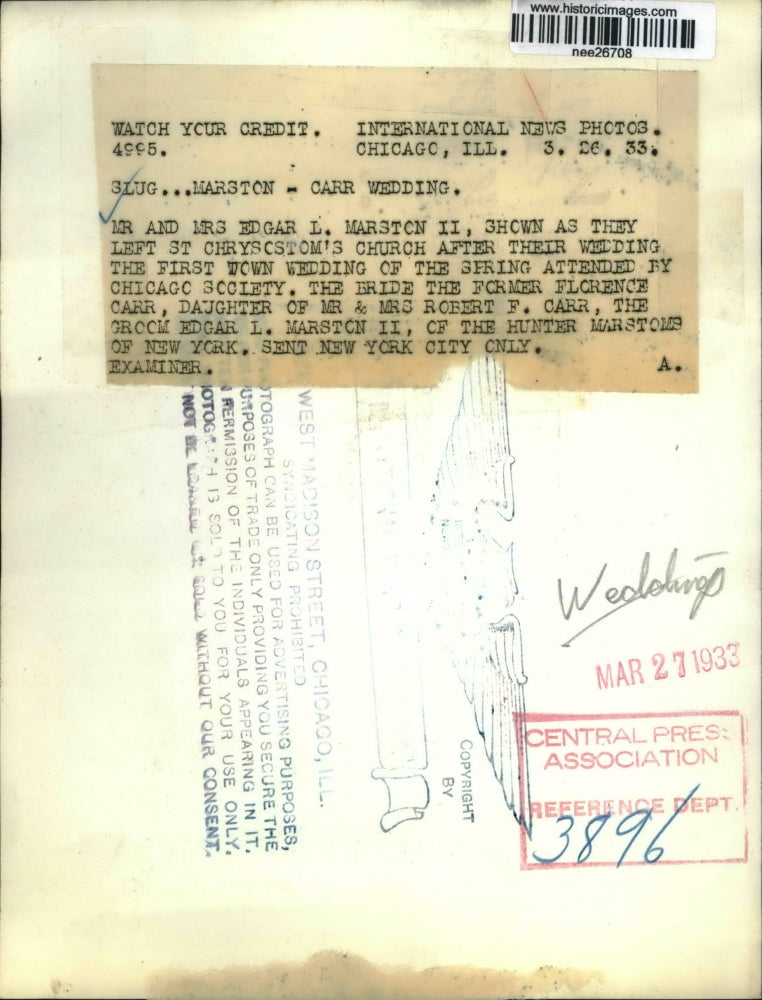 1933 Press Photo Mr. and Mrs. Edgar Marston after the Chrysostom Church wedding