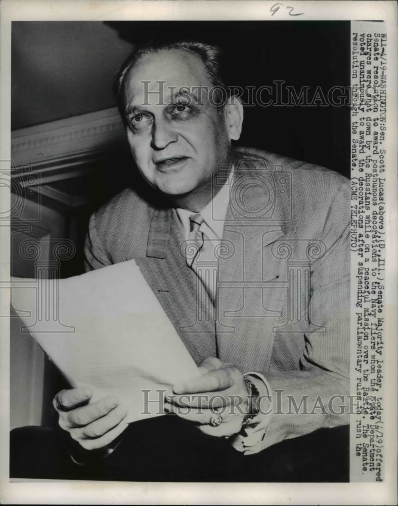 1950 Press Photo Senate Majority leader Scott Lucas offered a senate resolution