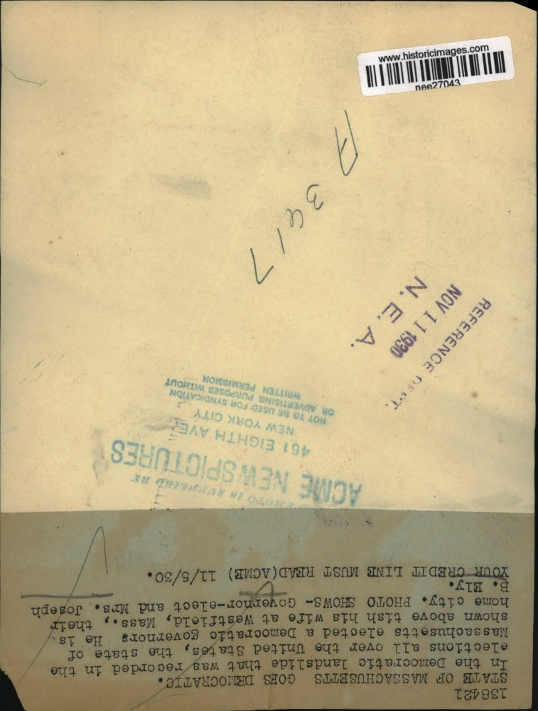 1930 Press Photo Governor elect and Mrs. Joseph B. Ely - nee27043