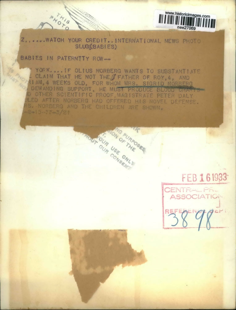 1933 Press Photo Mrs. Sigrid Norberg and babies in paternity row