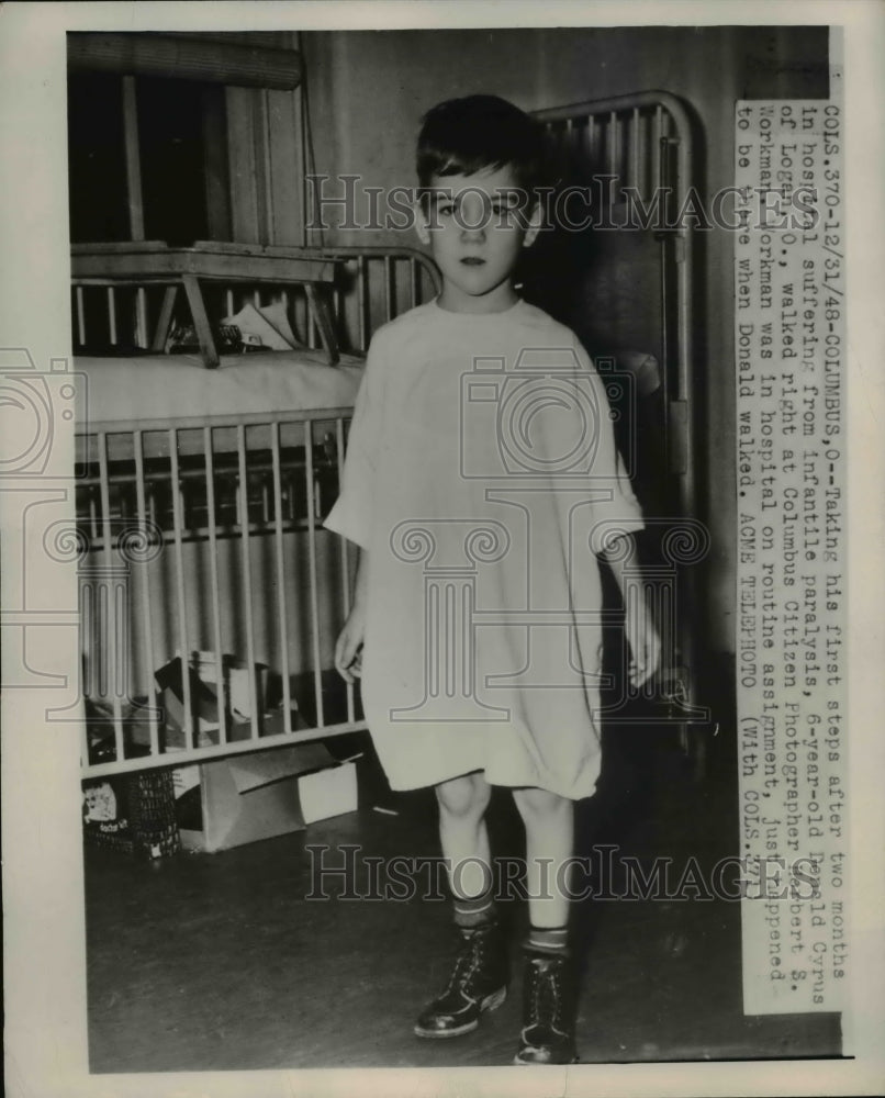 1948 Press Photo Donald Cyrus takes first steps in two months - nee27086