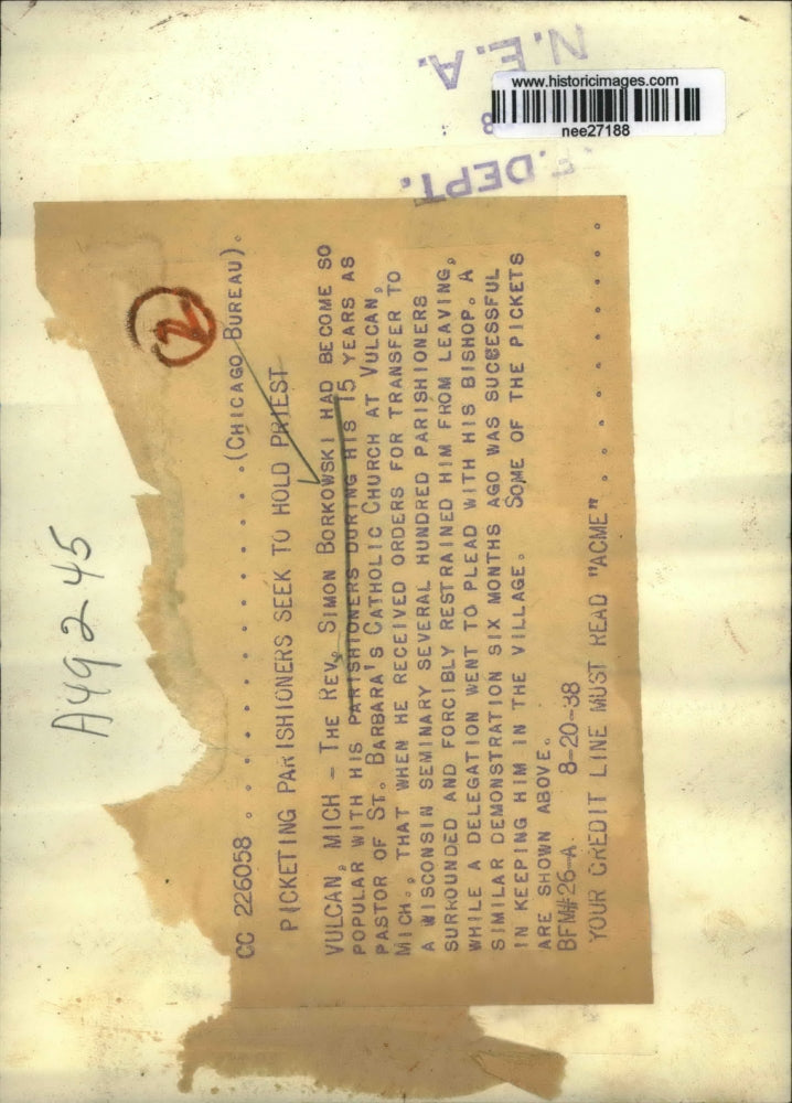 1938 Press Photo Rev. Simon Borkowski, St. Barbara's Catholic Church in Michigan