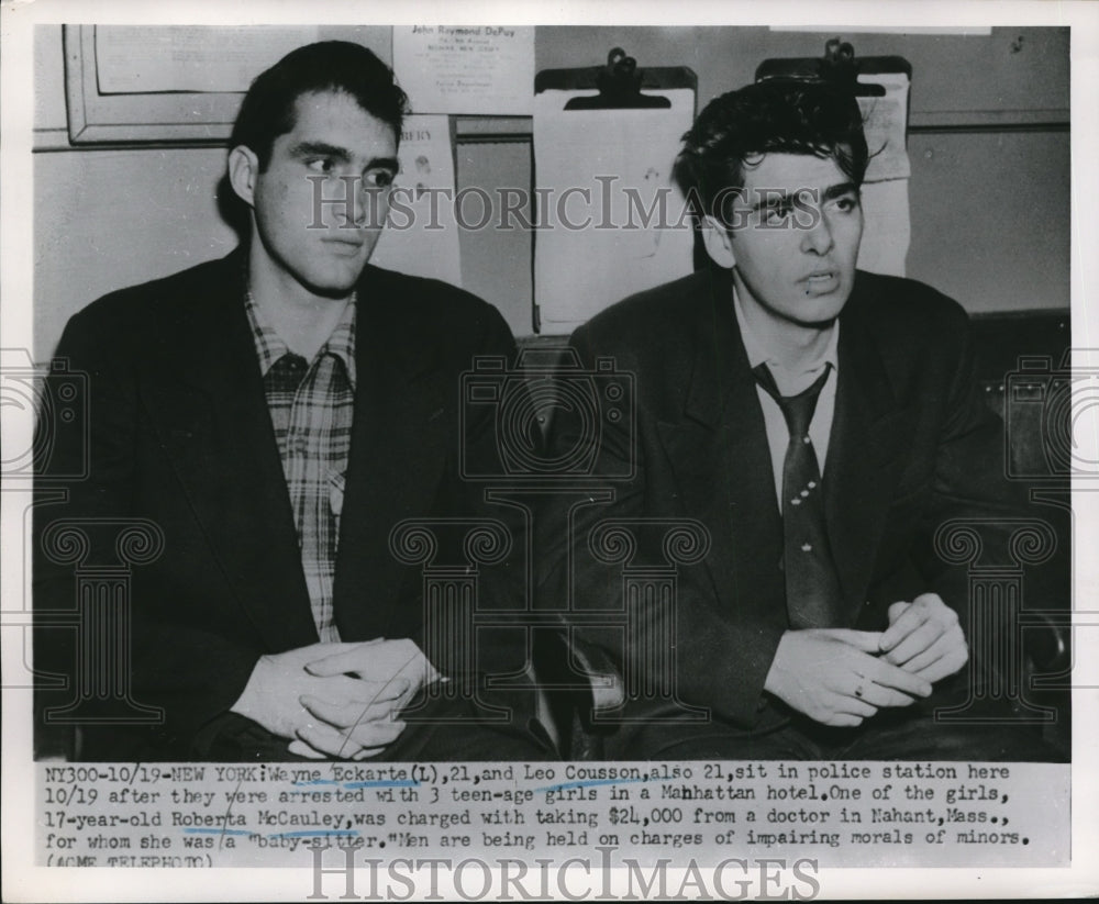 1951 Press Photo Wayne Eckarte, Roberta McCauley at police station & Leo Cousson