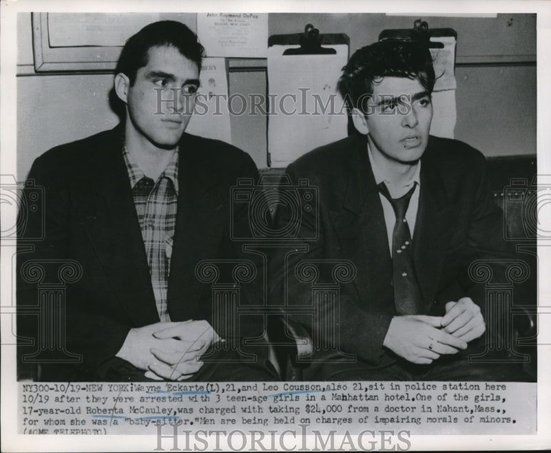 Load image into Gallery viewer, 1951 Press Photo Wayne Eckarte, Roberta McCauley at police station &amp; Leo Cousson
