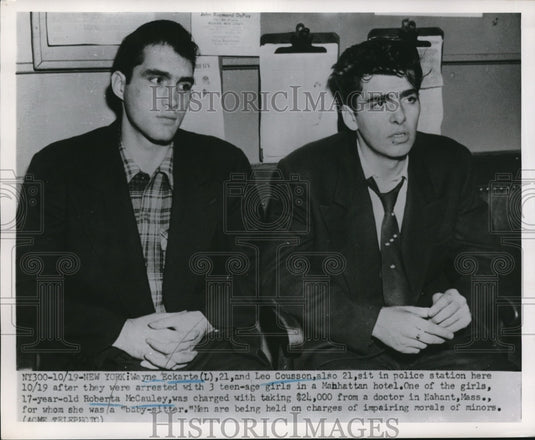 1951 Press Photo Wayne Eckarte, Roberta McCauley at police station & Leo Cousson