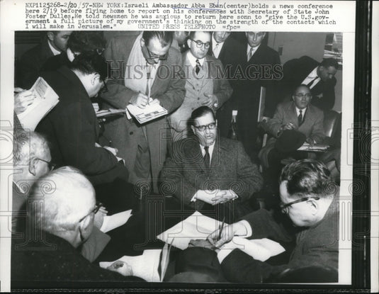 1957 Press Photo Abba Eban news conf. in New York, John Foster Dulles