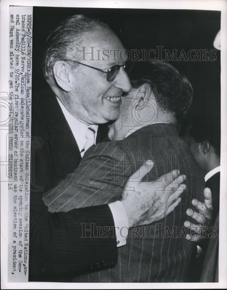 Load image into Gallery viewer, 1955 Press Photo Chilean Delegation chairman, Jose Maza with Padillo Nervo
