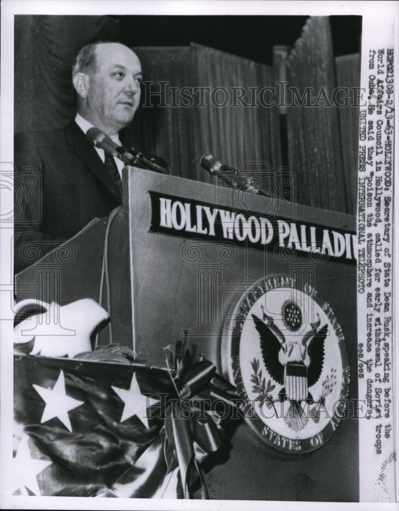 Load image into Gallery viewer, 1963 Press Photo Secretary of State Dean Rusk Speaking World Affairs Council
