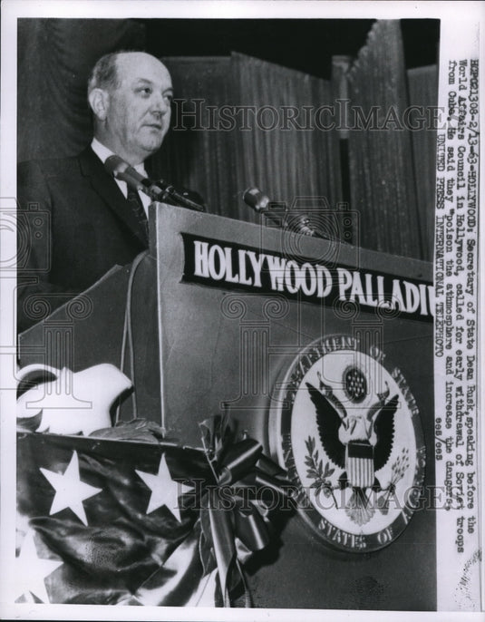 1963 Press Photo Secretary of State Dean Rusk Speaking World Affairs Council