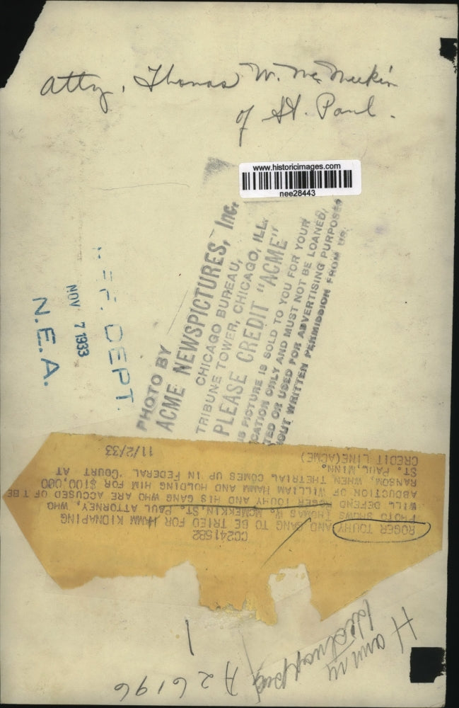 1933 Press Photo Roger Tommy St Paul Attorney Charged with Kidnapping