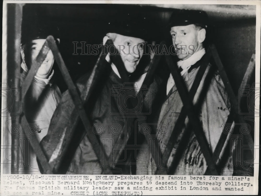 1947 Press Photo Viscount Bernard Montgomery Putting on Miners Helmet - Historic Images