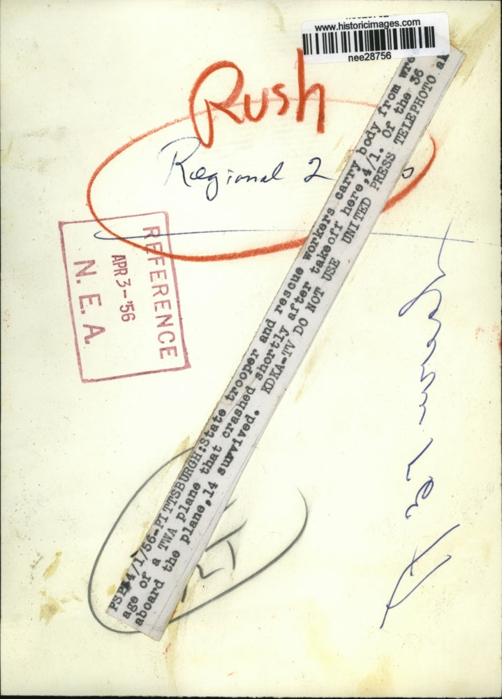 1956 Press Photo Rescue Workers Carry Body from Plane Crash Wreckage, Pittsburgh