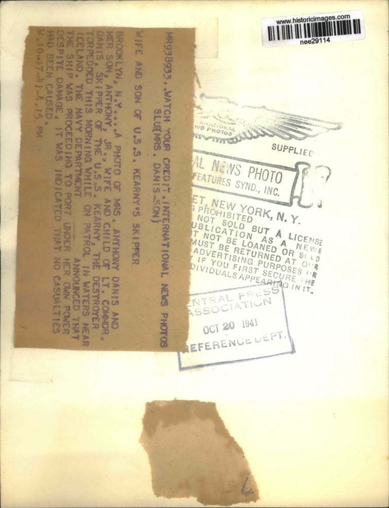 1941 Press Photo Mrs. Anthony Danis, Son Anthony Jr. of U.S.S. Kearny's Skipper