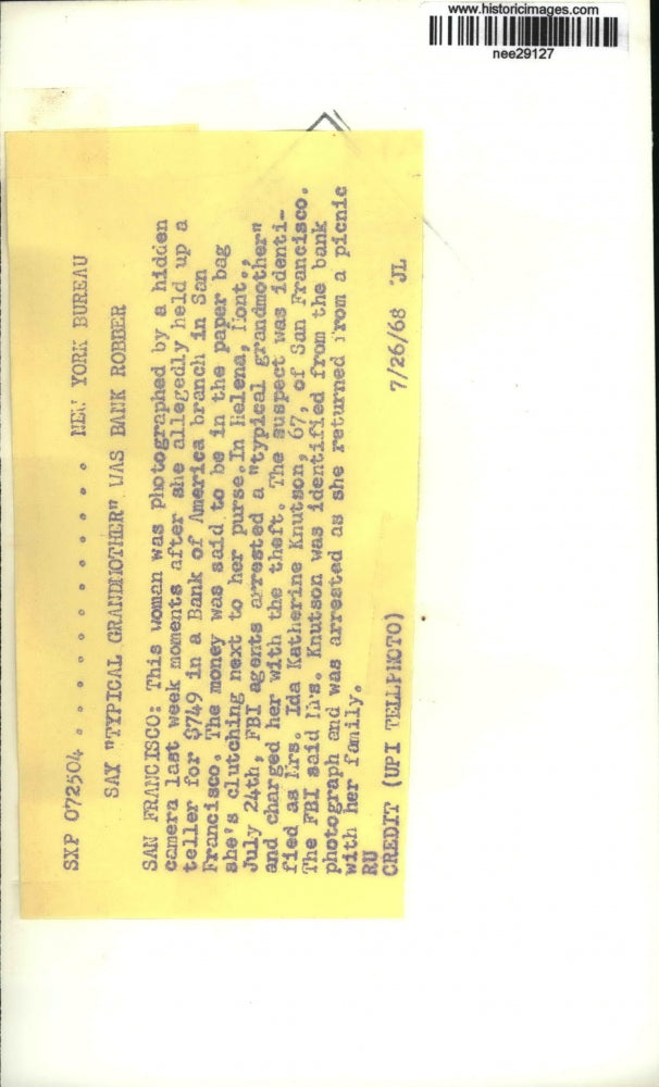 1968 Press Photo Woman photographed after holding up Bank of America - nee29127