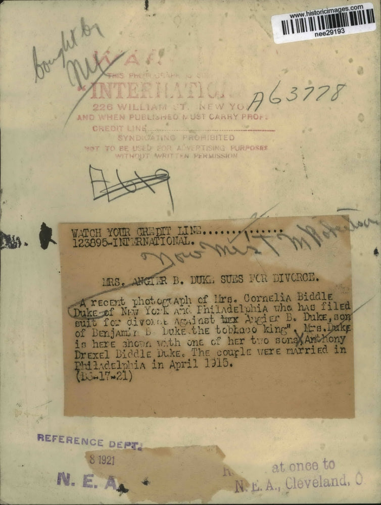 1921 Press Photo Mrs. Cornelia Biddle Duke with her son Anthony - nee29193