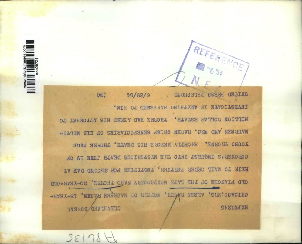 1954 Press Photo Mrs. Aleen Ragen, mother of Maureen, fiancee of the late Thorne