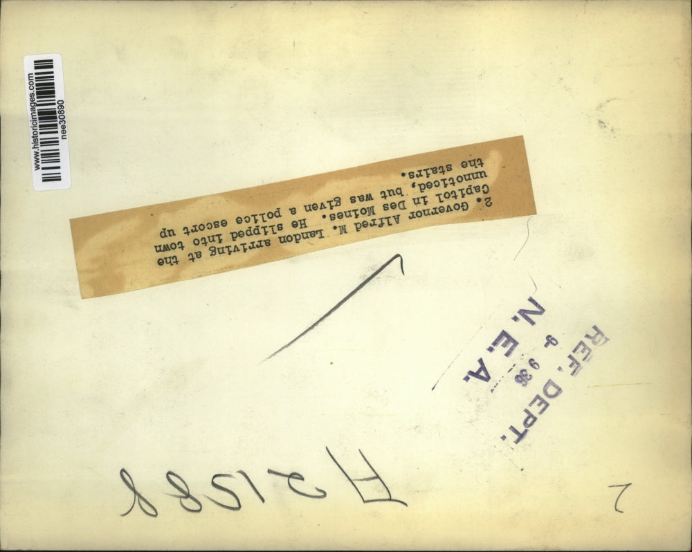 1936 Press Photo Gov. Alf M. Landon arriving in Capitol in Des Moines