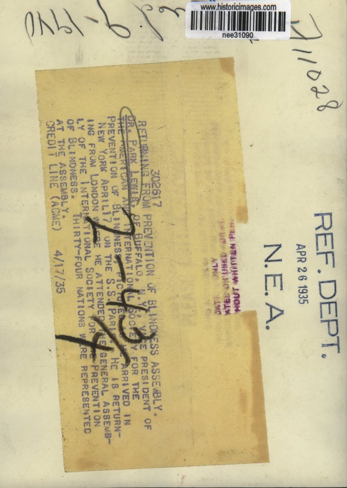 1935 Press Photo Dr.Park Lewis,Vice President of Prevention of Blindness Society