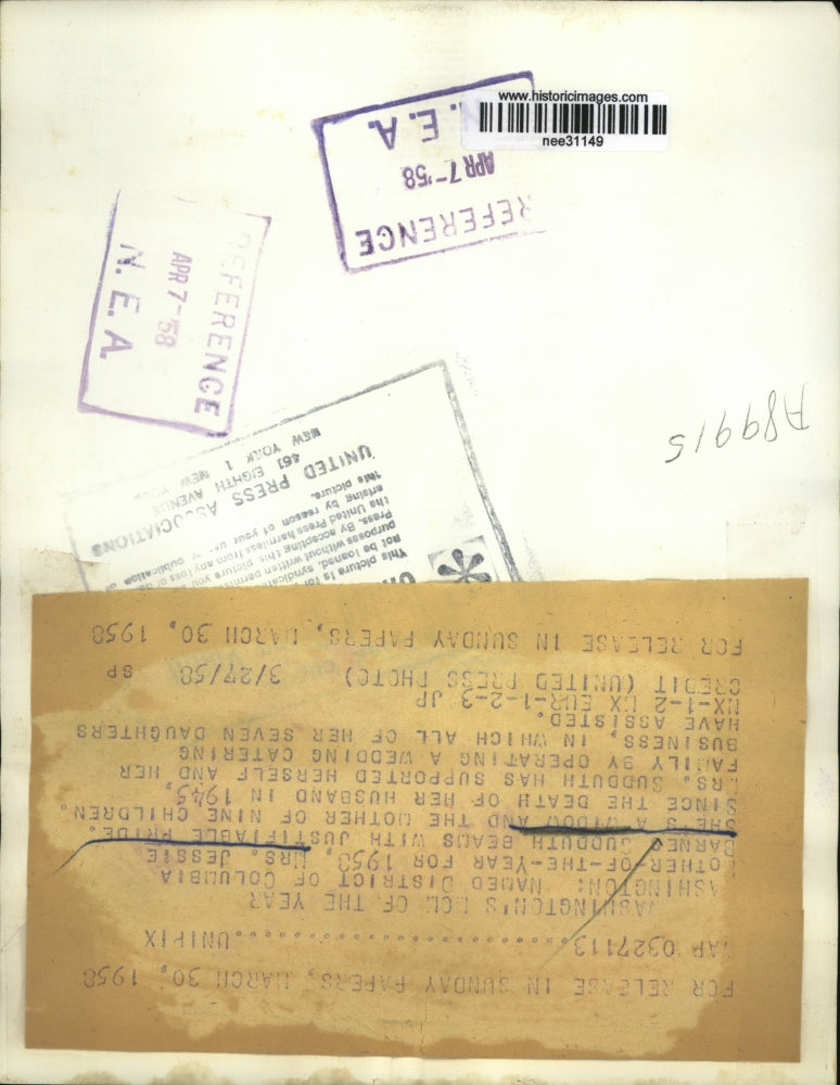 1958 Press Photo Mrs. Jessie Barner Sudduth, named mother of the year