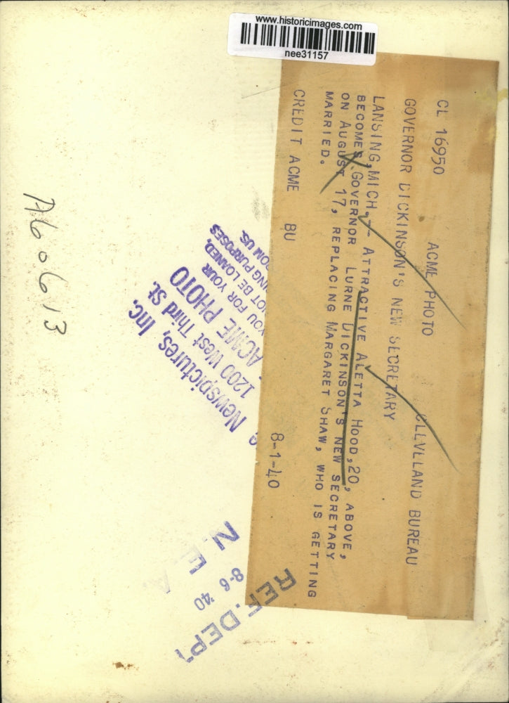 1940 Press Photo Aletta Hood,Governor Lurne Dickenson's Secretary