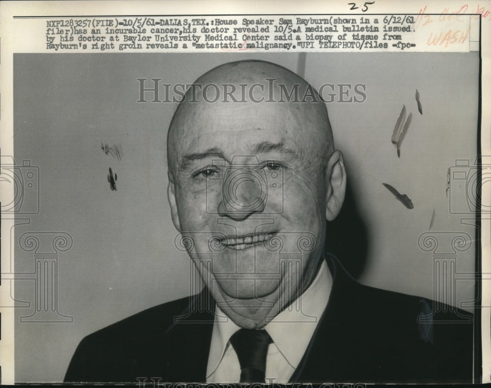 1961 Press Photo House Speaker Sam Rayburn has an incurable cancer