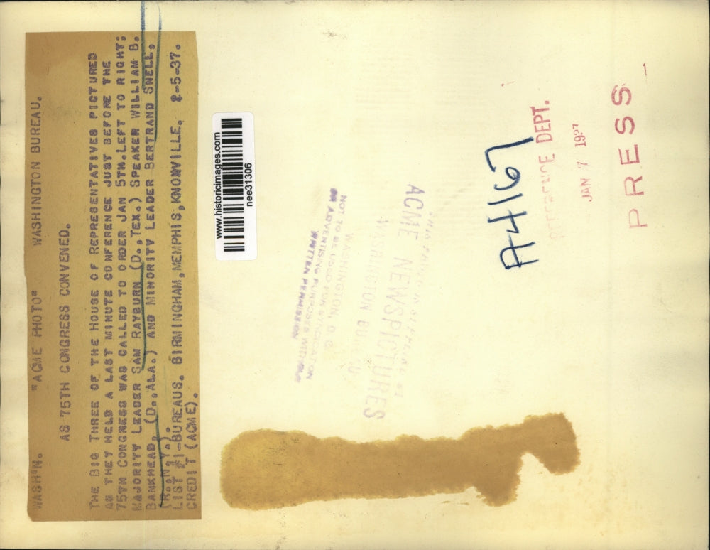 1937 Press Photo Majority Leader Sam Rayburn and Minority Leader Bertrand Snell