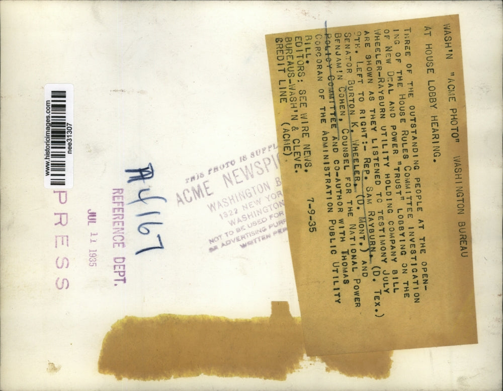 1935 Press Photo Representative Sam Rayburn, Senator Burton Wheeler and Cohen