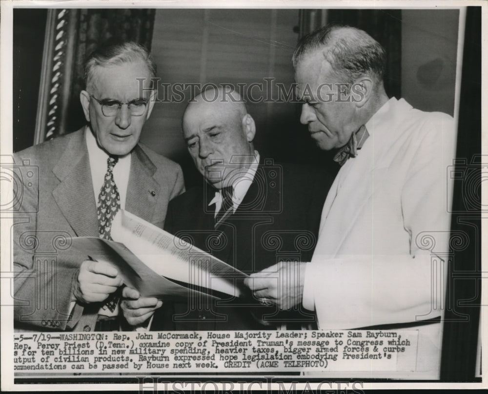 1950 Press Photo Rep.John McCormack,Speaker Sam Rayburn and Rep.Percy Priest