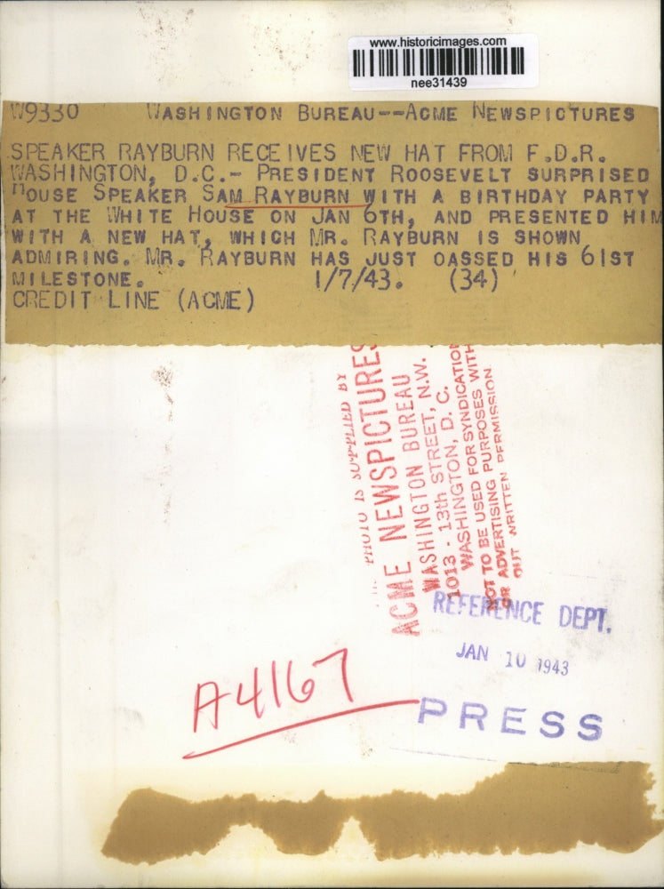 1943 Press Photo Speaker of House Mr. Sam Rayburn on his 78th Birthday