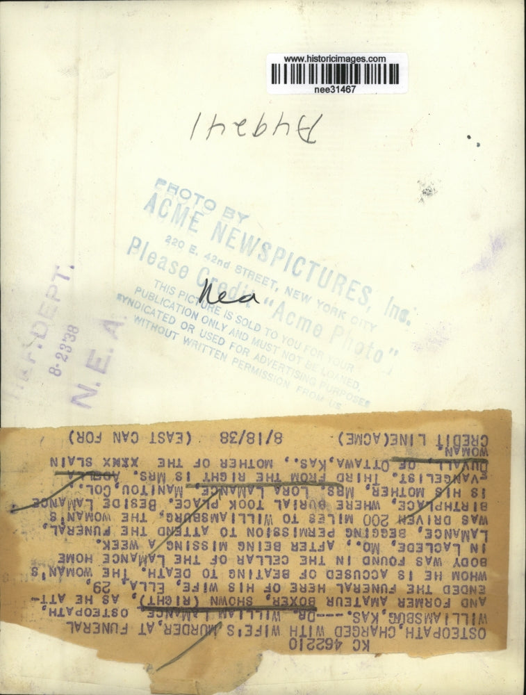 1938 Press Photo Dr William LaMance at Funeral of Wife He is Accused of Mudering