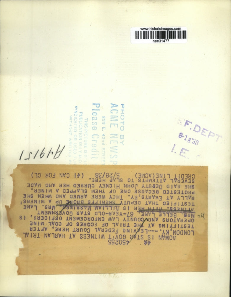 1938 Press Photo Mrs Belle Lane & William Massing Witeness at Harlan Miner Trial