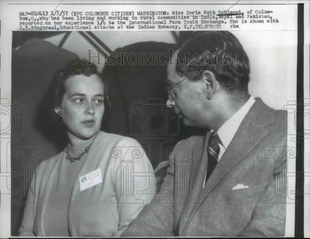 1957 Press Photo of Miss Doris Ruth and G.K. Hingorani.- Historic Images