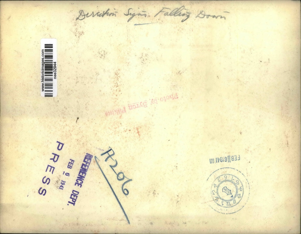 1941 Press Photo of a no parking sign that is leaning,