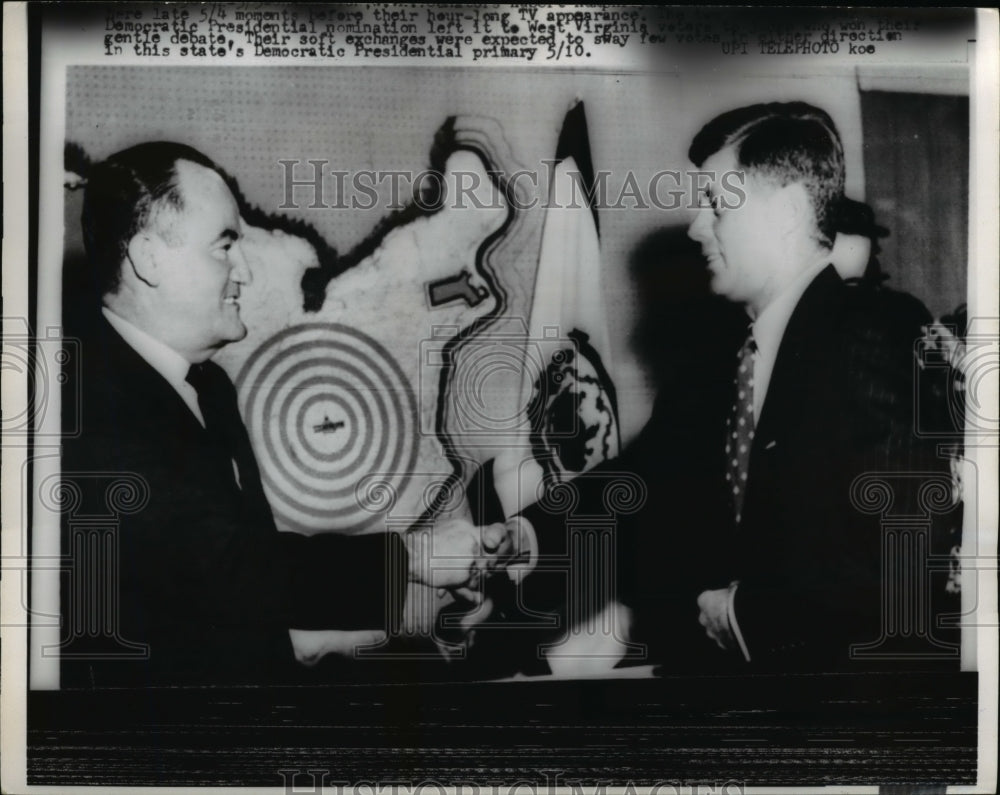 1960 Press Photo President John F. Kennedy, Hubert Humphrey Shake Hands