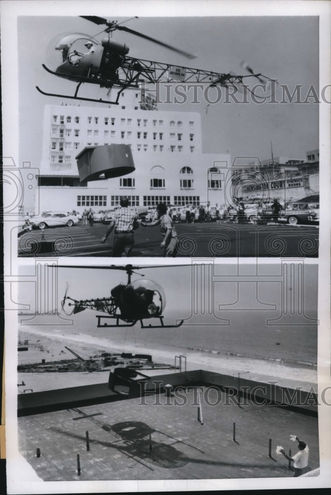 1957 Press Photo Helicopter lifts a 1,000 pound air conditioner, Santa Monica