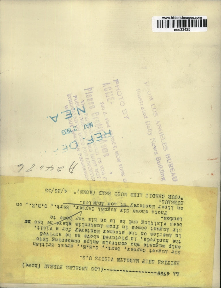 1933 Press Photo Sir August Cayser, Bart. on liner Monterey at Los Angeles