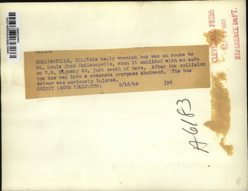 1949 Press Photo Bus Crash Wreckage, Collinsville Illinois - nee33993