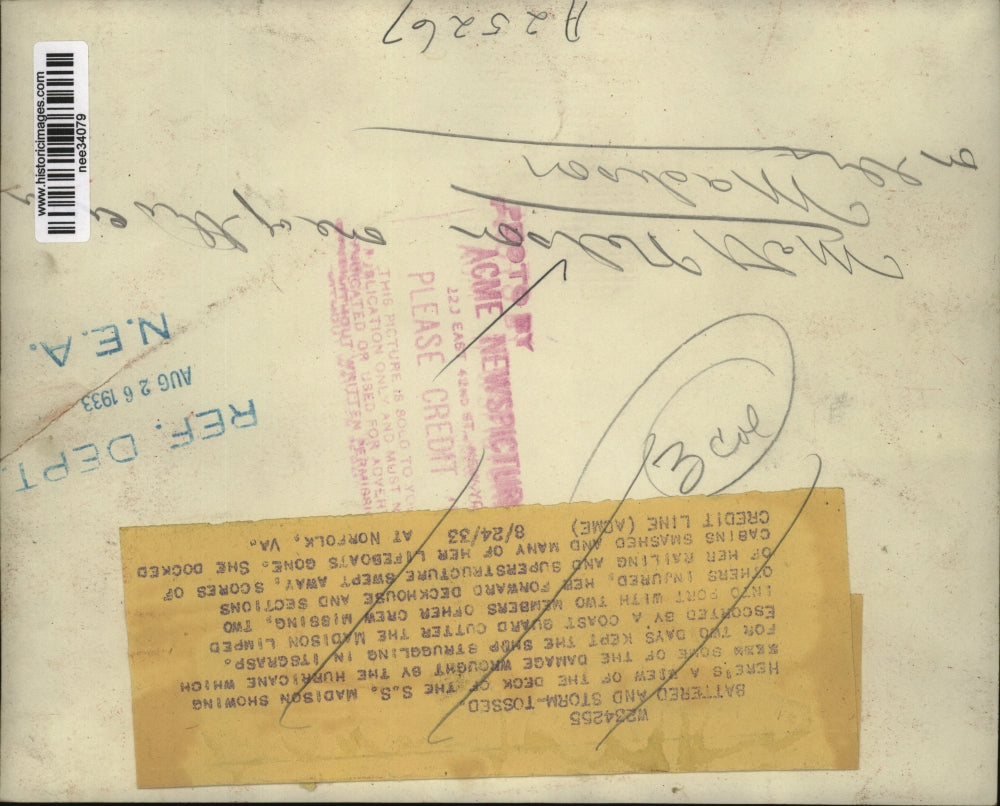 1933 Press Photo Injured Sailor from Ship S.S. Madison After Storm - nee34079