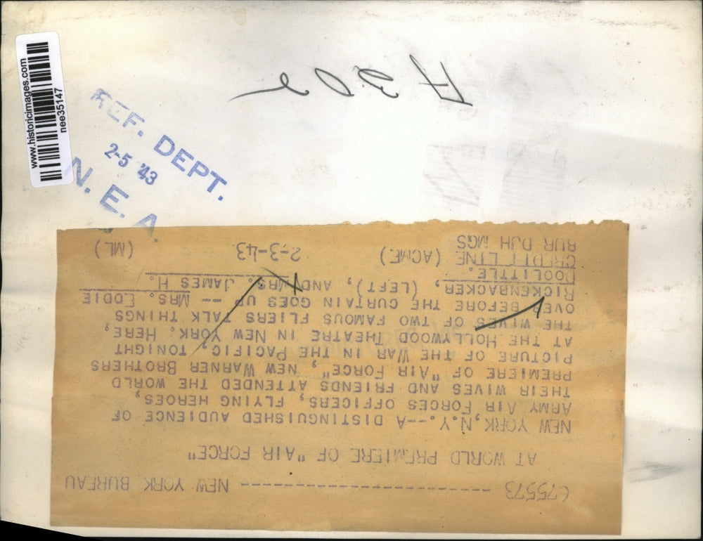 1943 Press Photo Mrs Eddie Rickenbacker, Mrs James H Doolittle, Air Force movie