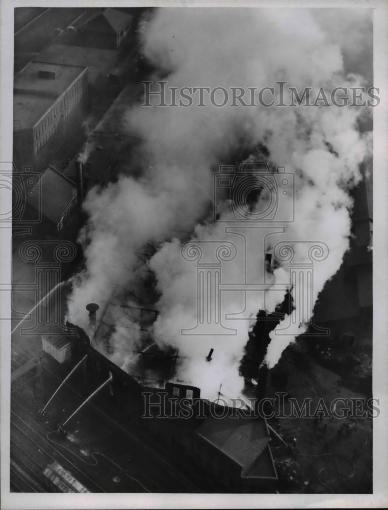 1956 Press Photo Aerial View of Fire, Eberhard Manufacturing Company, Cleveland