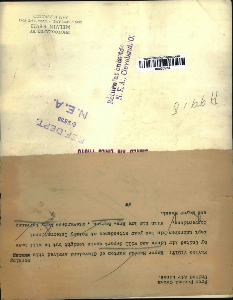 1938 Press Photo Cleveland Mayor Harold Burton & Wife, Angelo Rossi