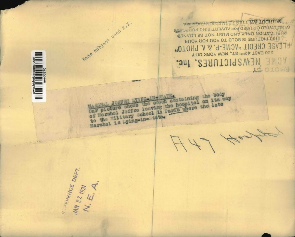 1931 Press Photo Marshal Joffre body leaving hospital to Military School, Paris